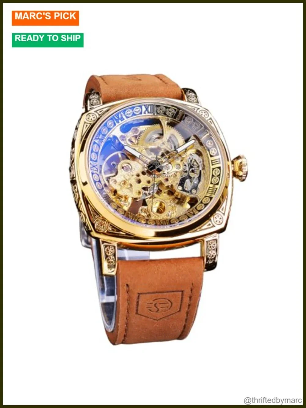 Square Retro Mechanical Watch Self-Wind Carved Skeleton Automatic Vintage